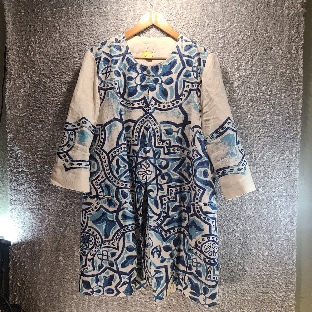 Chicos Artisan Printed Linen Jacket Blue Watercolor Size 1 Small‎ 3/4 Sleeve